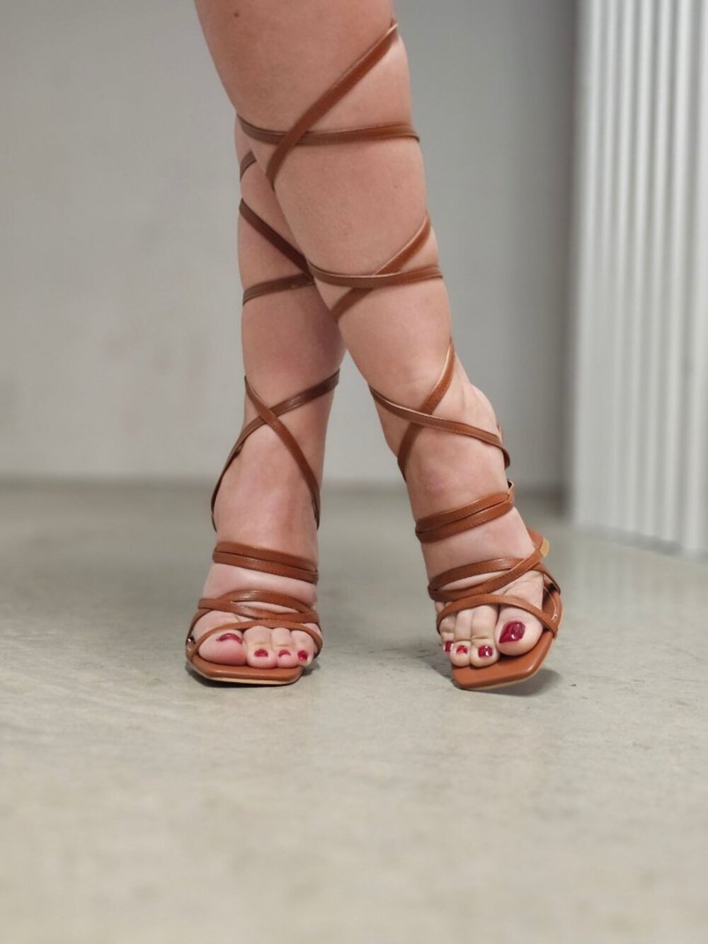 Strappy Brown Gladiator Heels With Lace-Up Design & Square Toe High Heel Sandals - Picture 15 of 16